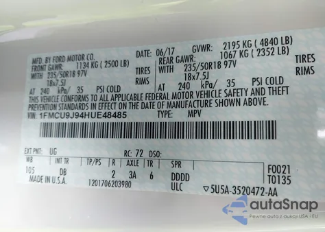 2017 Ford Escape Titanium z USA, uszkodzony, nr VIN 1FMCU9J94HUE48485